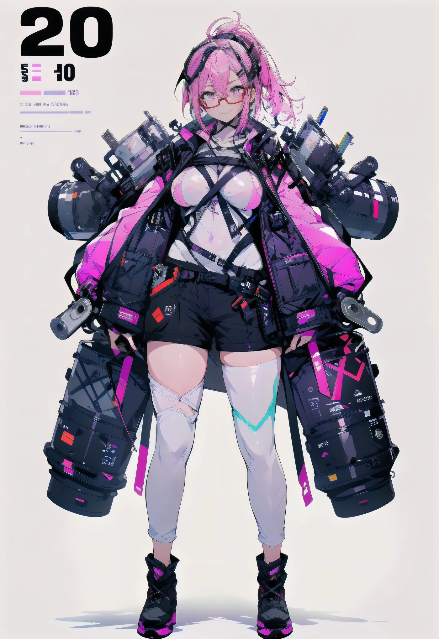 1girl，Single illustrator，leg loops，leg holsters，mitts，very intricate，Exquisite，Complex hairstyles，Purple skirt，frilld，short  skirt，Bow knot，Cross straps，bandagens，Y2K，E-girls，Emotional，non-mainstream，Gray hair，Love decoration，subculture，Sick，laughingly，Avant-garde and innovative clothing design，Black fishnet socks，waist chains，platform footwear，Glowing ornaments，Long boot leg covers，thongs，cyber punk perssonage
