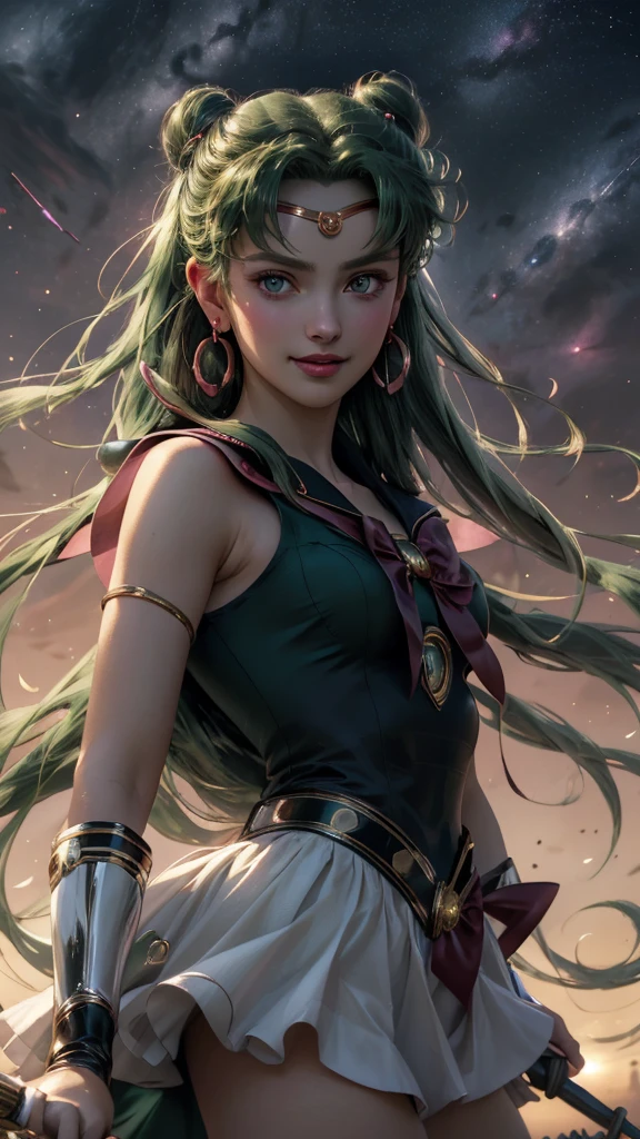 (solo, 1girl), (absurdres, highres, official wallpaper, poster), (masterpiece, best quality:1.2), (illustration, realistic), (perfect details, highest detailed, extreme detailed), dramatic light, AmiMizuno, (sailor pluto, neck ribbon, green hair, long hair, circlet, jewelry, crescent earrings), (city, starry sky), (seductive smile, blush, standing)