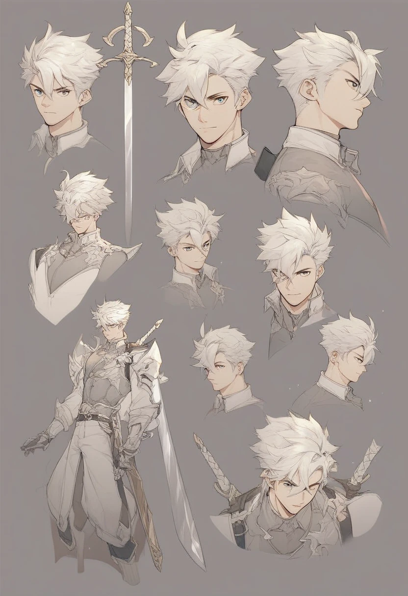 Anime Style ,Male Original character  , cool hair cut ,simple background,character sheet , swords 