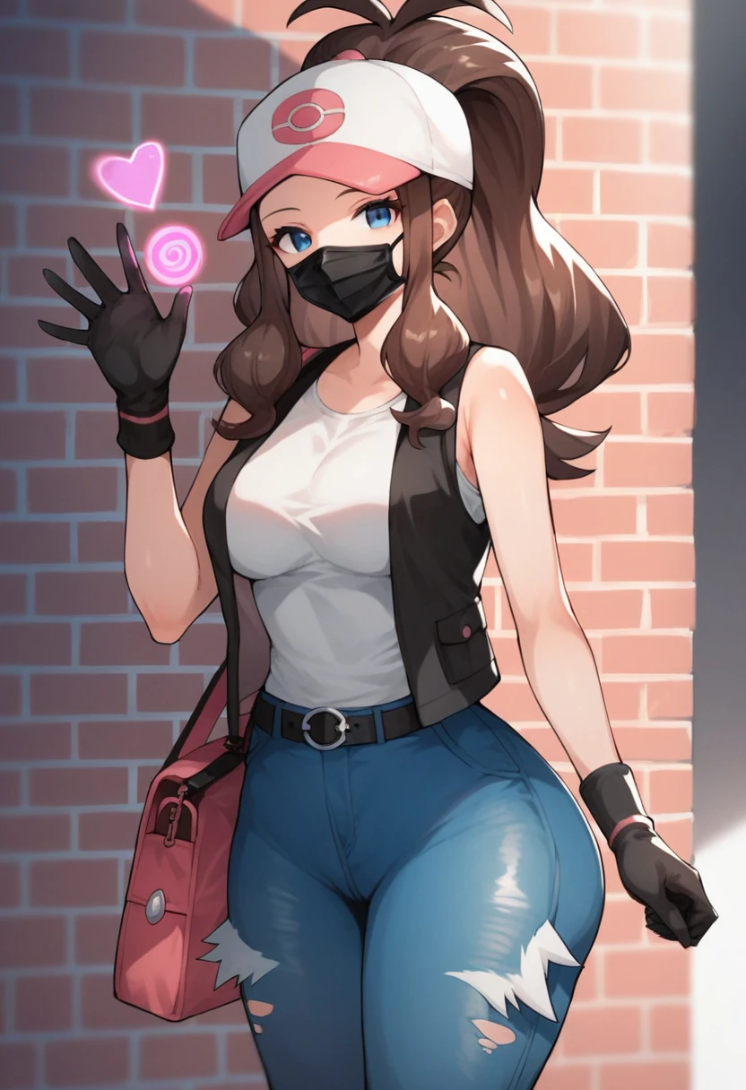 score_9, score_8_up, score_7_up, score_6_up, source_anime, 1girl, solo, ((pmpgrunt)),pokemonhilda, blue eyes, brown hair, long hair, ponytail, black beret, black mouth mask, black vest, grey bodysuit, black belt, black gloves, medium breasts, looking at viewer, (waving hand), empty eyes, mind control, happy trance, seductive smile, heart, hearts,huge ass, legs,cowboy shot,brick wall