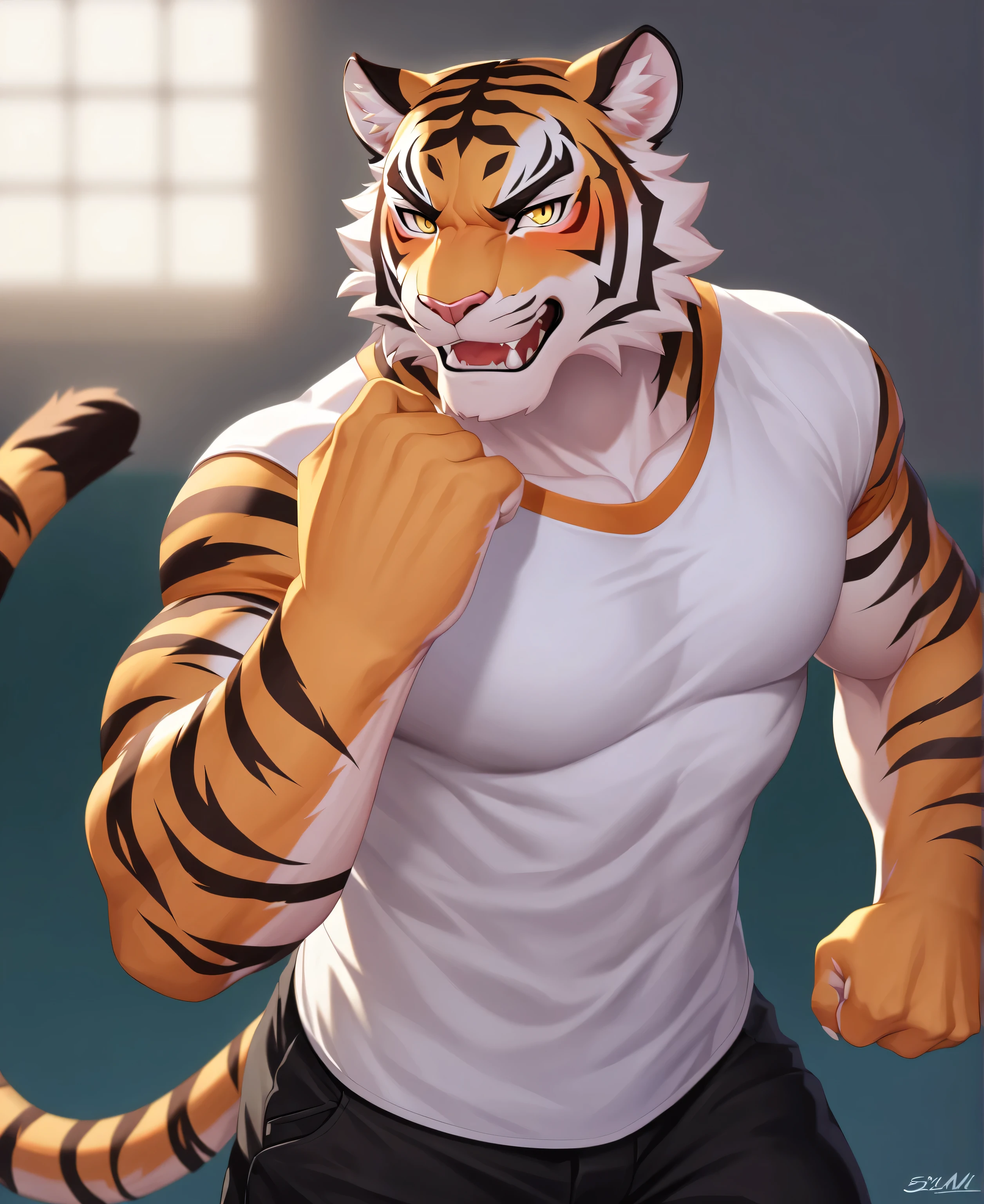 solo,furry,furry male,adult,tiger,tall,muscular,tiger ears,tiger print,tiger tail,yellow eyes,fangs,glaring,blush,Tsundere,standing,clenched hands,white short sleeve T-shirts,black cargo_pants,doc_martens,lingshalan,cowboy_shot,close-up,front view,looking_at_viewer,(masterpiece:1.3),(best quality:1.2),(ultra-detailed:1.2),(8k resolution:1.2),highres,original,extremely detailed wallpaper,perfect lighting,(extremely detailed CG:1.2),dynamic composition,realistic rendering,depth of field,digital painting,concept art；