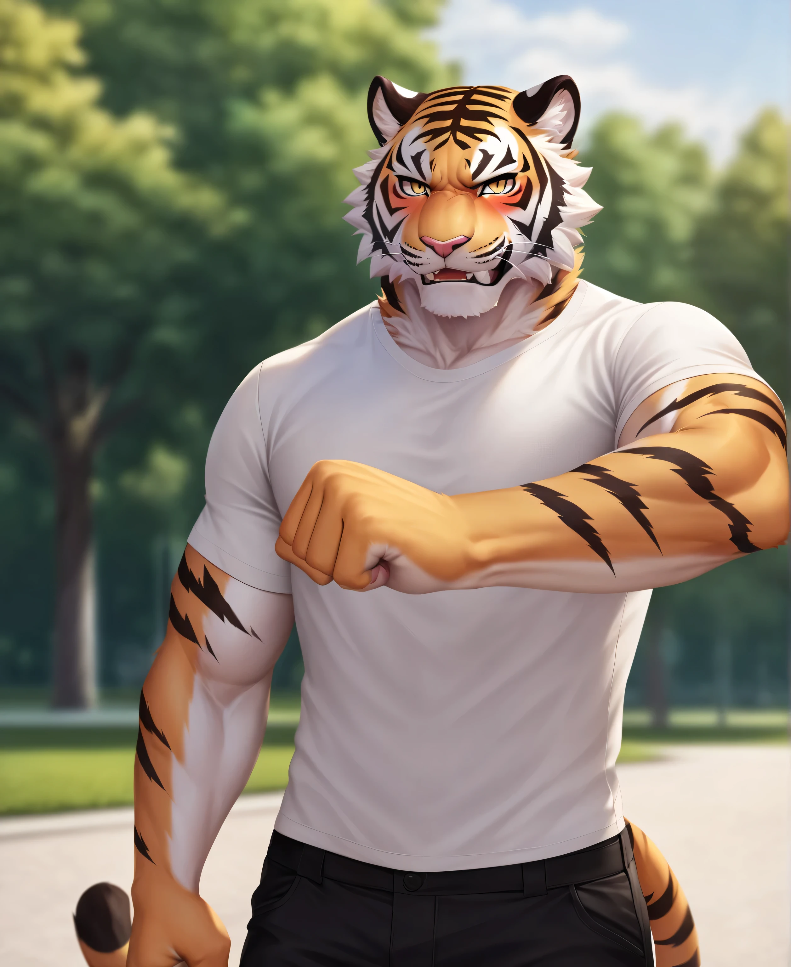 solo,furry,furry male,adult,tiger,tall,muscular,tiger ears,tiger print,tiger tail,yellow eyes,fangs,glaring,blush,Tsundere,standing,clenched hands,white short sleeve T-shirts,black cargo_pants,doc_martens,park,cowboy_shot,close-up,front view,looking_at_viewer,(masterpiece:1.3),(best quality:1.2),(ultra-detailed:1.2),(8k resolution:1.2),highres,original,extremely detailed wallpaper,perfect lighting,(extremely detailed CG:1.2),dynamic composition,realistic rendering,depth of field,digital painting,concept art；