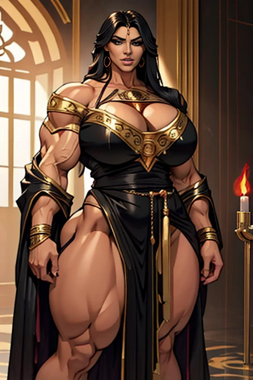 (masterpiece, top quality, best quality, official art, beautiful and aesthetic), ((1girl)), ((full body)), (massive female bodybuilder:1.9), (gigantic breasts:1.9), slim waist, ((wide hips)), ((wide shoulders)), (Long Legs:1.5), (big eyes), ((Naked)), (NSFW:1.6), long wavy black hair, tanned skin, extremely detailed, portrait, looking at viewer, solo, detailed background, close up, mischievous eyes, (hot summer desert Arabia theme), dark makeup, smirk, mysterious, walking in desert, jewelry, elaborate necklaces, gold jewelry, precious stones, scimitar, curved sword, ancient (Arabian palace exterior) background, dark mysterious lighting, shadows, magical atmosphere, dutch angle