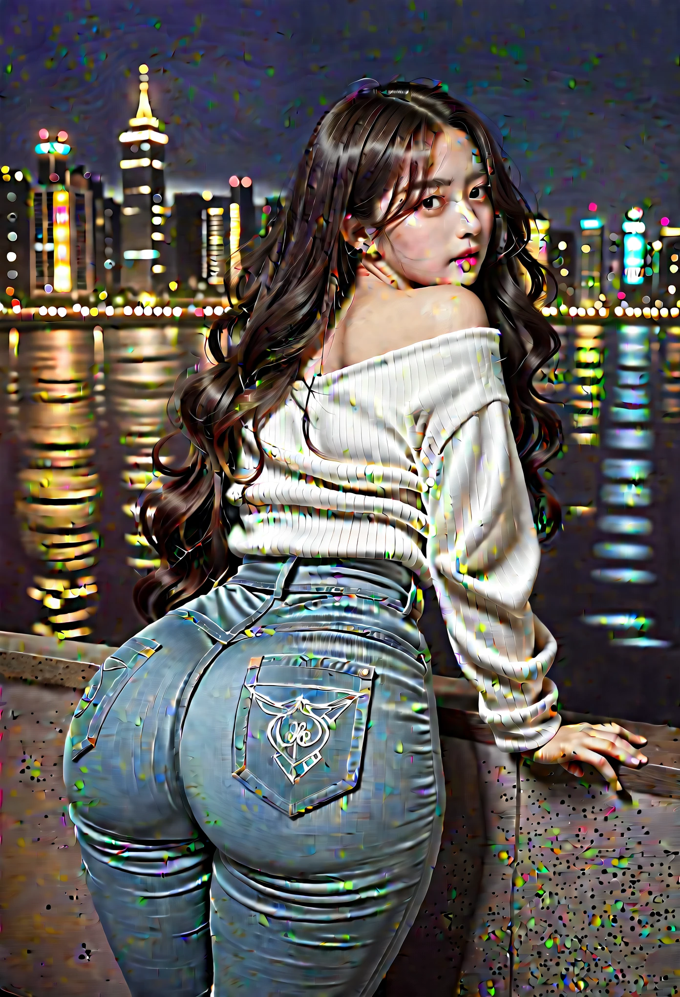 ( ultra high definition:1.3) (Big butt :1.3), ( wide pelvis), (Wide hips) beautiful Korean woman sitting upright, (white open shoulder sweater ), city,  pure look,  Korean girl, I am tall, tall, The ratio is good, small head, thin waist,  high bridge,  night, 어두운 city, Black hair,  long wavy hair with lots of hair, (Lots of waves )leather jacket, ripped jeans, 