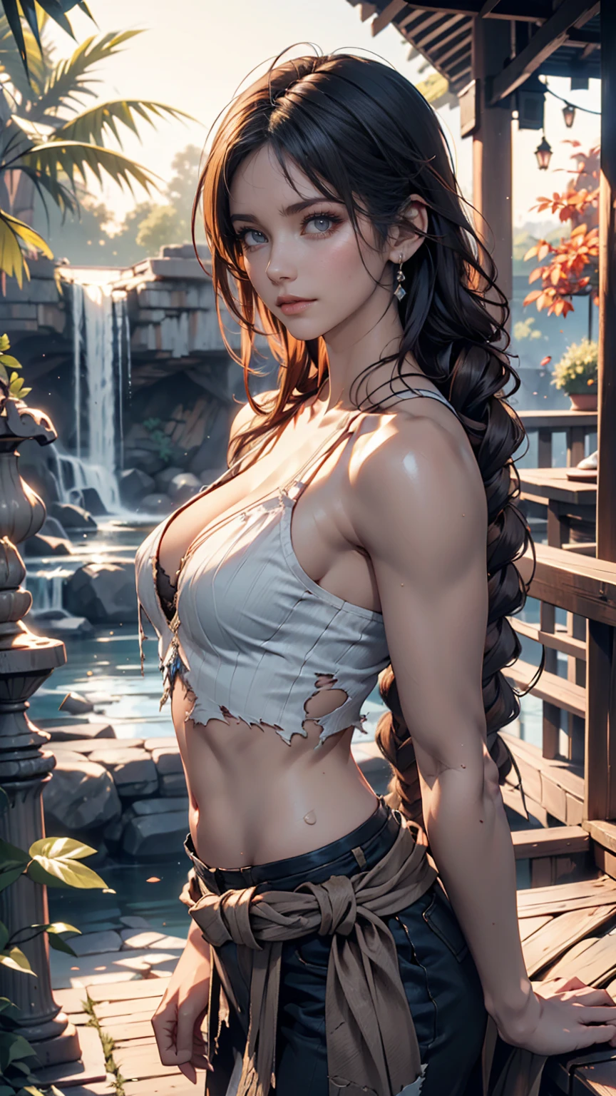 Very beautiful girl happily bathing near a clear and cool waterfall。Pink Skin、blue eyes、Black Hair、Detailed face、Detailed body、realistic model、highly detailed natural landscape、CGI 8K resolution