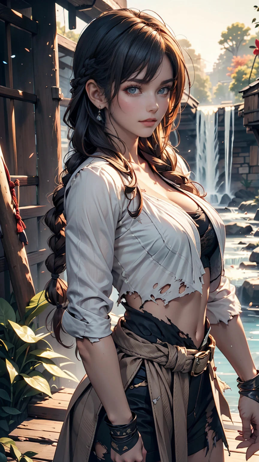 (Best Quality:1.3)Super detailed, Realistic, masterpiece, Soulcalibur Sophie, Alone, Long Hair, braided bangs, Natural clothing, waterfall, evening,  Aetheric Light , damage, defeat, nsfw,  torn clothes