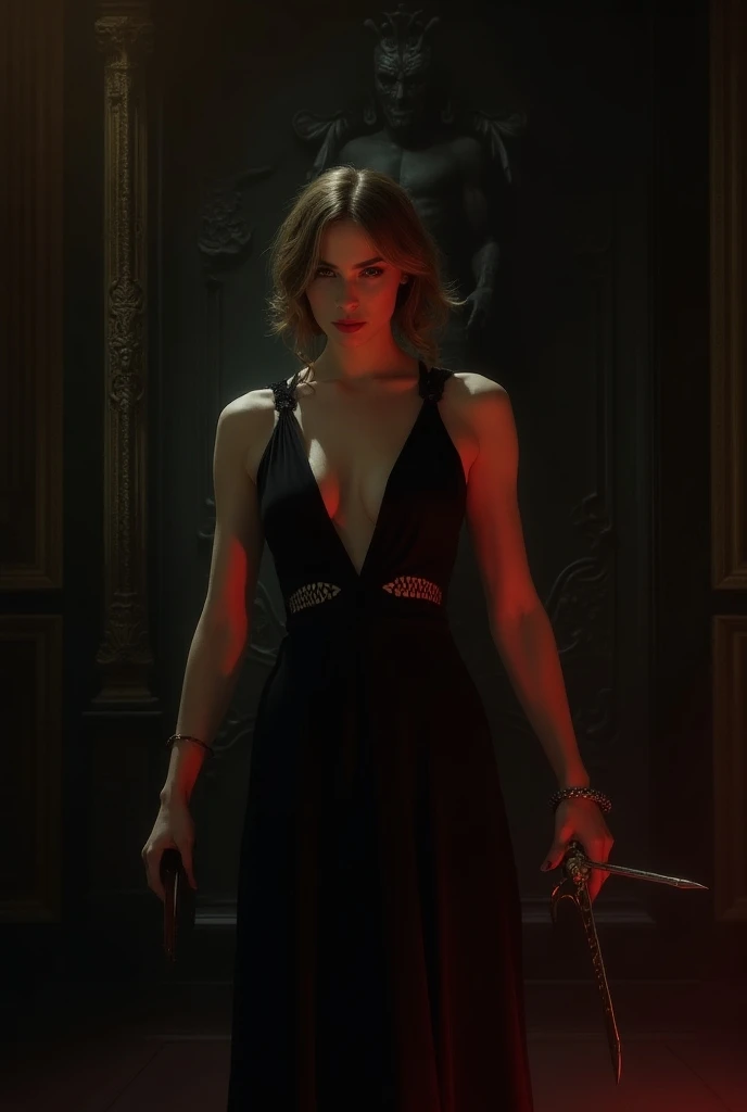 16K, ultra detailed, masterpiece, best quality, (extremely detailed), arafed, action shot, a woman spy, wearing an intricate elegant dress, red dress, blond hair, pixie cut, sexy dress, holding a (dagger: 1.3) in a elegant, high class cocktail party background, Wide-Angle, Ultra-Wide Angle, 16k, highres, best quality, high details, determined face, god rays, cinematic lighting, glowing light, silhouette, from outside, photorealism, 3D