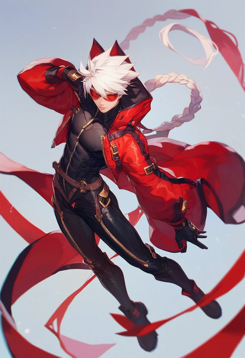 Blazblue Art ,human Male ,Clear Skin , round Red SunGlasses , white hair,long braided ,zip Red Coat  , Black Gloves  , Black boots , Full body ,pose , Black shirt ,