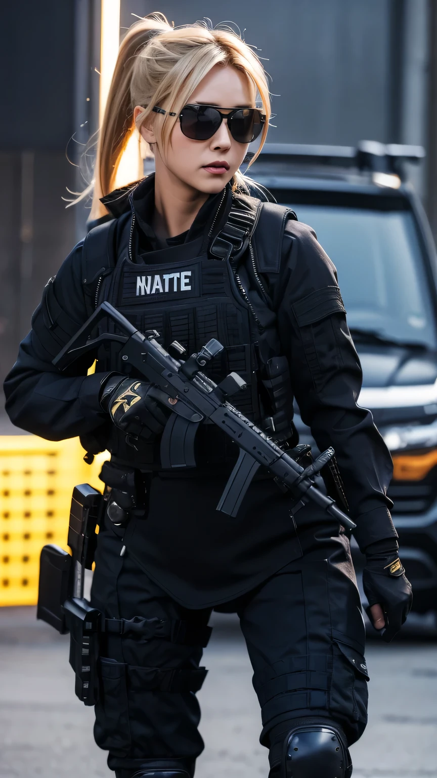 blonde pony tail hair, beautiful woman, pro lighting, photorealistic, Realistic face details, complicated details, 8k, ultra high details, dynamic camera angle, hips up, sunglasses, swat gear, pistol, rifle, walking,