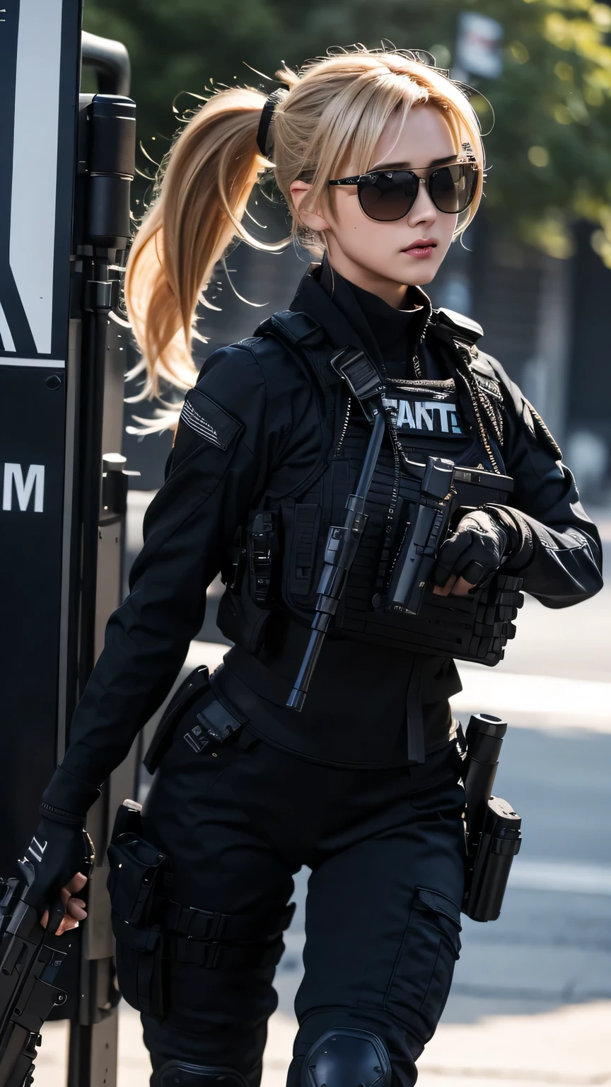 blonde pony tail hair, beautiful woman, pro lighting, photorealistic, Realistic face details, complicated details, 8k, ultra high details, dynamic camera angle, hips up, sunglasses, swat gear, pistol, rifle, walking,