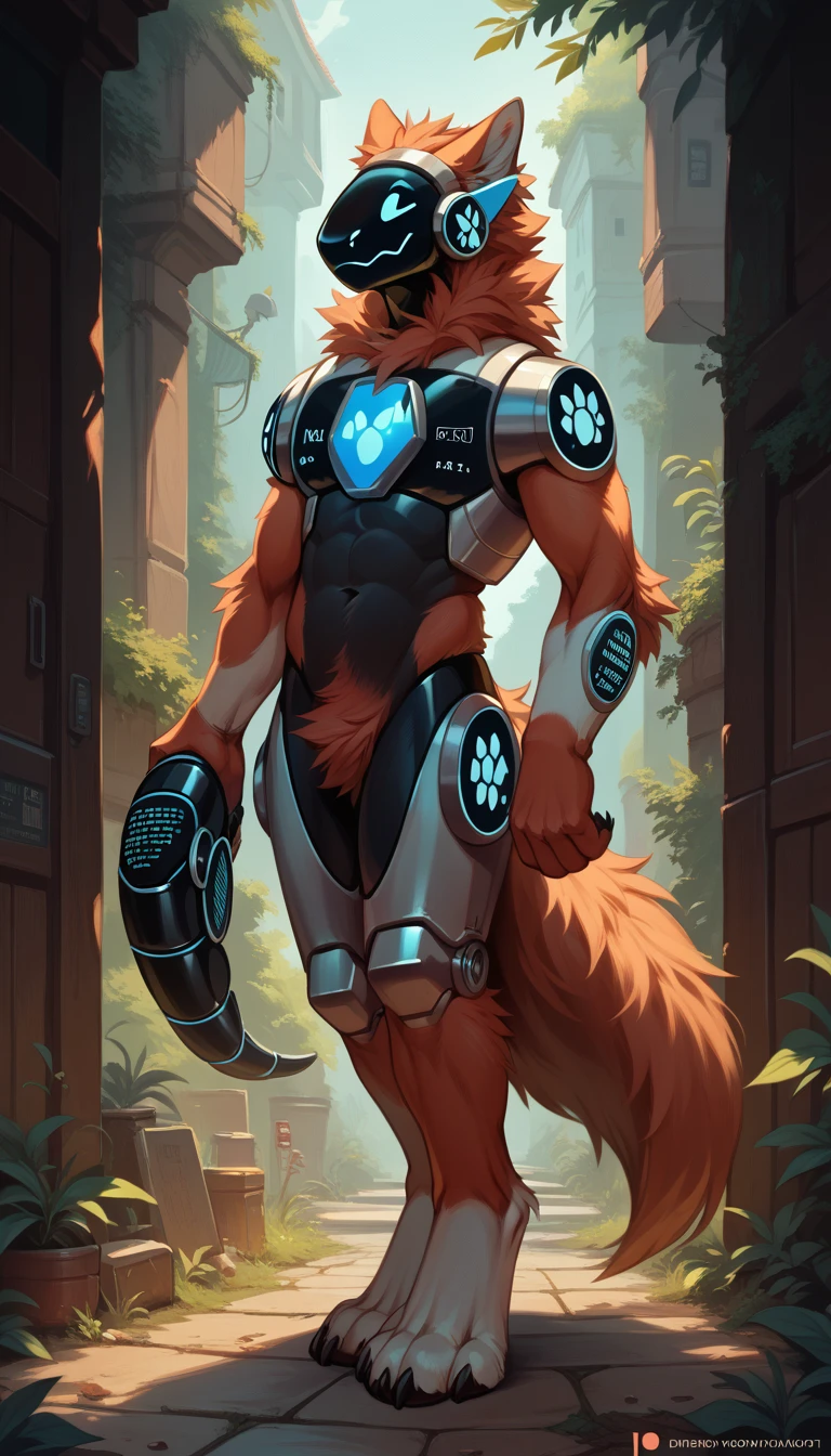 ((high quality)), ((realistic)), protogen, fluffy, male, no pant, robot part, metal crotch parts, full body view, holding railgun