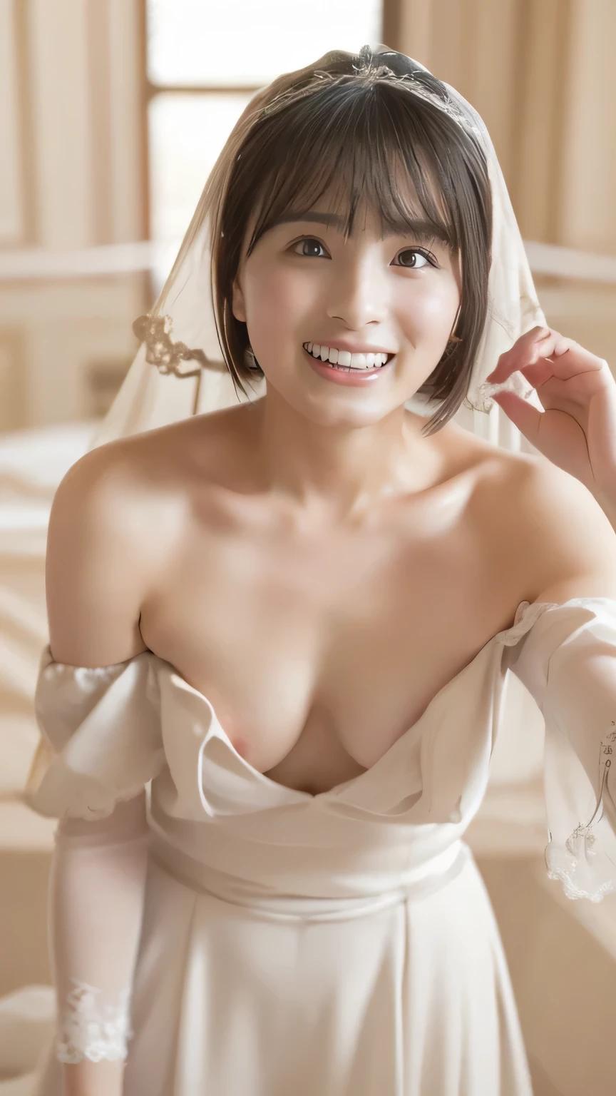 (8k、   RAW PICTURES UP  、Best Quality、masterpiece:1.2)、(Realistic、Realistic)、  1 girl、((   Off Shoulder Wedding Dress、Veil、Chapel、  short bob、   front view、smile、   camera  、smile、  slouching ))、cute、 small breasts、((Nipples、Nipples))