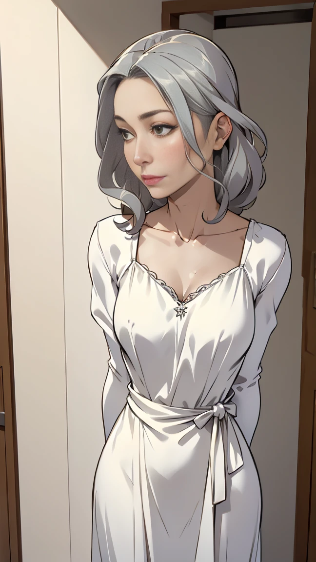  silver-haired woman is wearing a dress, 1 woman, Alone, Sundress , photoRealistic, realism, Realistic, human being