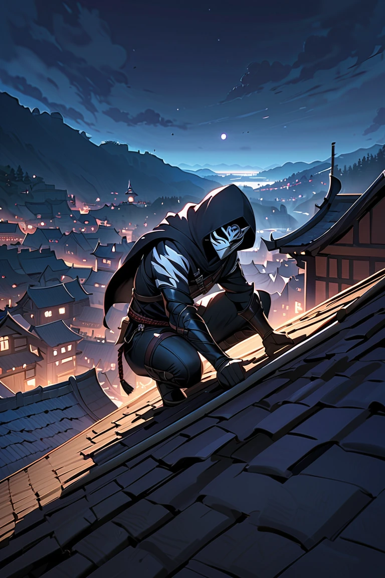  Kogenta, furry white tiger, A ninja in leather armor , Wearing a hood.Masked,Leather gloves.Boots. Middle Ages in the dark night,Hand Rope ,Middle Ages in the dark night村莊夜色(landscape、On the roof:1.3),squatting on the roof,bend over, ,  crouching on one knee , , shadow, .Full body picture, , , ,  Cool Poses , .Full body picture,