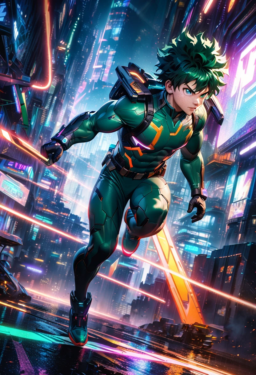 Izuku Midoriya, Deku, 1 boy, green hair, freckles, green eyes, determined expression, futuristic hero costume, full body, detailed facial features, muscular body, dynamic pose, action scene, cinematic lighting, vibrant colors, digital art, 8k, photorealistic, highly detailed and unrealistic engine, studio lighting, futiristic neon city, futuristic cyberpunk scenery