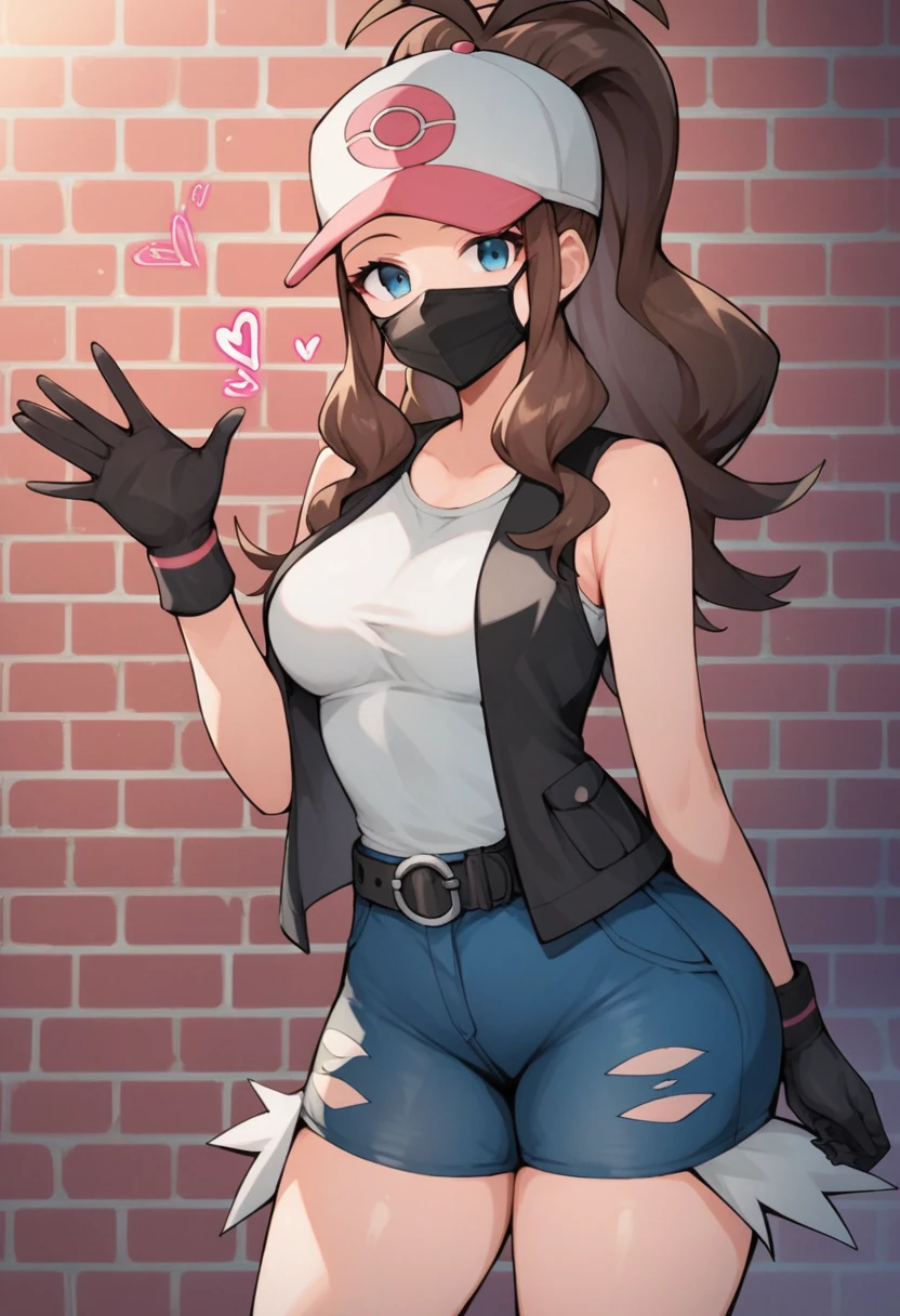 score_9, score_8_up, score_7_up, score_6_up, source_anime, 1girl, solo, ((pmpgrunt)),pokemonhilda, blue eyes, brown hair, long hair, ponytail, black beret, black mouth mask, black vest, grey bodysuit, black belt, black gloves, medium breasts, looking at viewer, (waving hand), empty eyes, mind control, happy trance, seductive smile, heart, hearts,huge ass, legs,cowboy shot,brick wall