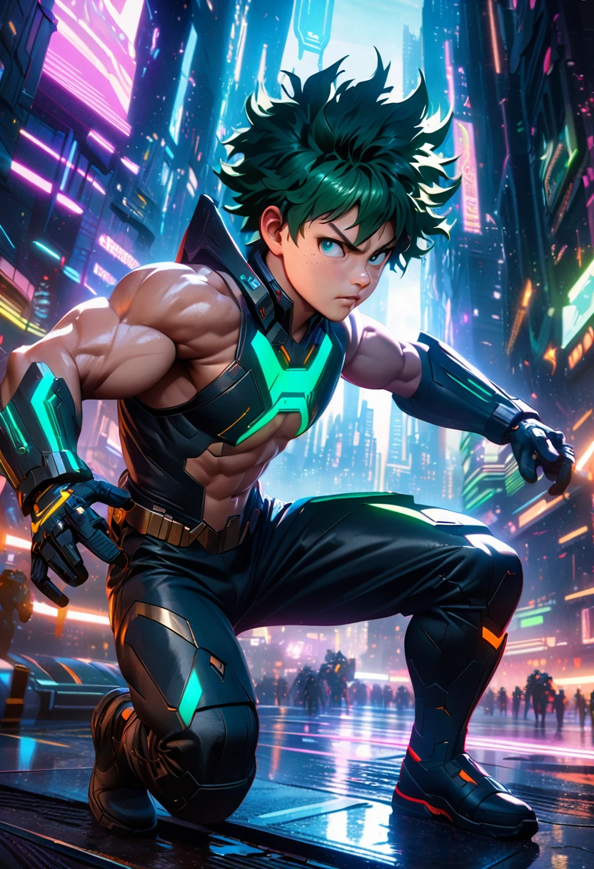 Izuku Midoriya, Dark Deku, 1 boy, green hair, freckles, green eyes, determined expression, futuristic hero costume, full body, detailed facial features, muscular body, dynamic pose, action scene, cinematic lighting, vibrant colors, digital art, 8k, photorealistic, highly detailed and unrealistic engine, studio lighting, futiristic neon city, futuristic cyberpunk scenery