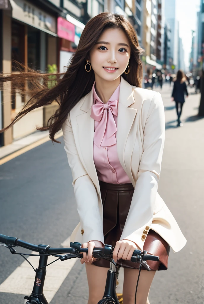 A beautiful Japanese woman riding a bicycle, 25 years old, dressed neatly（White jacket, pink silk blouse with two buttons undone, long brown hair, wavy hair, earrings, gold necklace, large, soft breasts, pale navy tight skirt, black heels）Business district, wind blowing, reality, portrait, 4k, 8k, smiling, seductive gaze, wide eyes, beautiful woman, intelligent face, full body image in the frame 