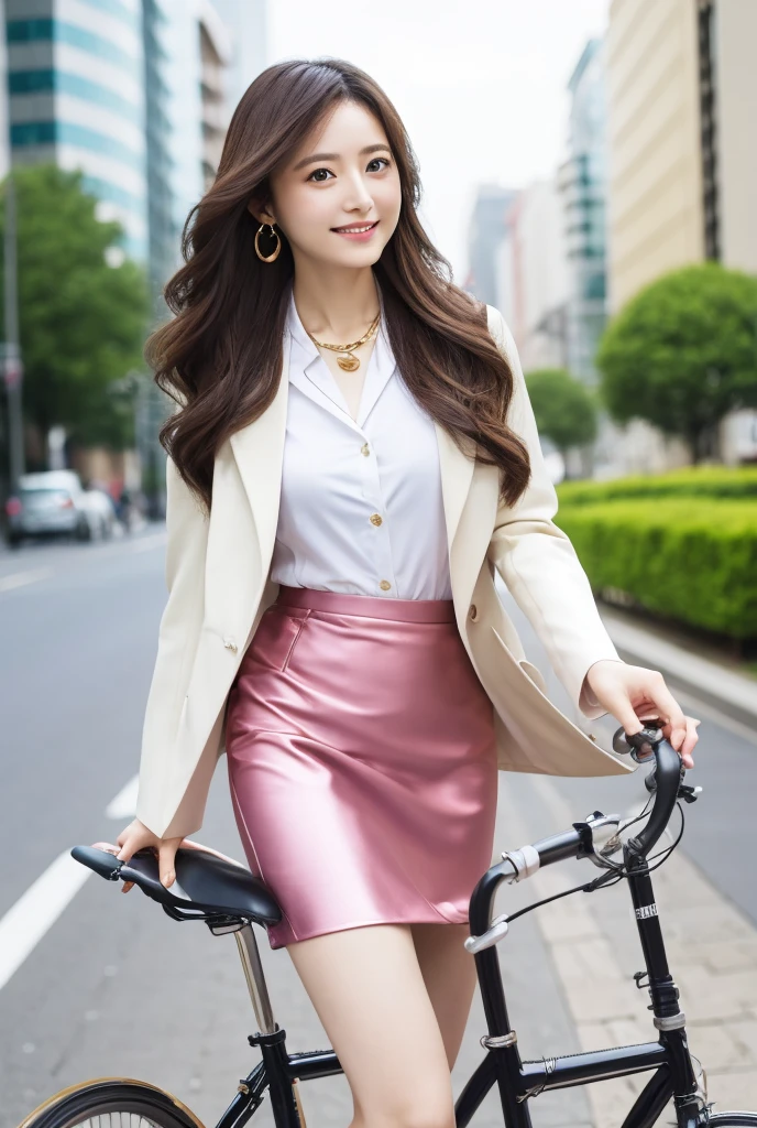 A beautiful Japanese woman riding a bicycle, 25 years old, dressed neatly（White jacket, pink silk blouse with two buttons undone, long brown hair, wavy hair, earrings, gold necklace, large, soft breasts, pale navy tight skirt, black heels）Business district, wind blowing, reality, portrait, 4k, 8k, smiling, seductive gaze, wide eyes, beautiful woman, intelligent face, full body image in the frame 