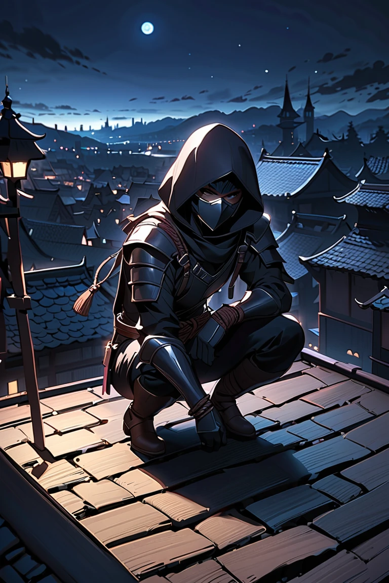 1 boy, A ninja in leather armor , Wearing a hood.Masked,Leather gloves.Boots. Middle Ages in the dark night,Hand Rope ,Middle Ages in the dark night村莊夜色(landscape、On the roof:1.3),squatting on the roof,bend over, ,  crouching on one knee , , shadow, .Full body picture, , , ,  Cool Poses , .Full body picture,