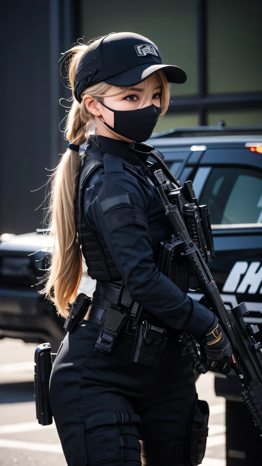 blonde pony tail hair, beautiful woman, pro lighting, photorealistic, Realistic face details, complicated details, 8k, ultra high details, dynamic camera angle, hips up, sunglasses, swat gear, pistol, rifle, walking, face mask,black cap,