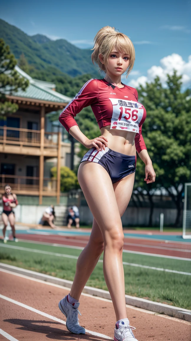 8k、（masterpiece、Best Quality:1.3）、（ very detailed:1.2）、 perfect anatomy、 beautiful Japanese women 、18 years old、 Healthy Thighs、 beautiful feet、Beautiful Skin、 random hair color 、 random hairstyles、Big Breasts、Track and field athlete、( track and field uniform:1.3) 、( high leg:1.3) 、 full body shot、Shoes、Yukino