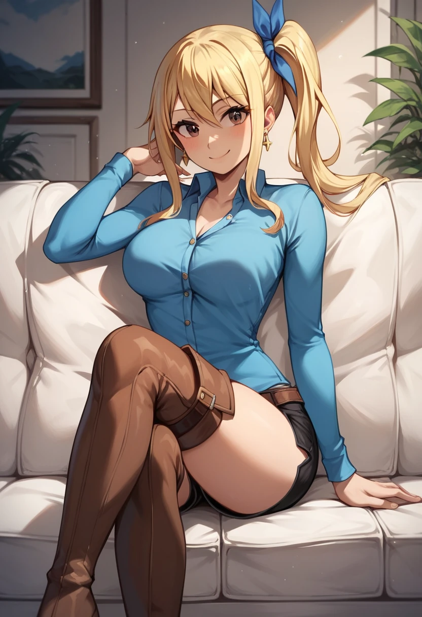 score_9, score_8_up, score_7_up, score_6_up, score_5_up, score_4_up, source_anime, 1girl, lucy heartfilia, smile, blonde hair, long hair, side ponytail, blue ribbon, brown eyes, middle breasts, earrings, thigh high boots, brown boots, blue shirt, black shorts, crossed legs, sit, sofa, room, best quality, best res, 4K UHD,
 