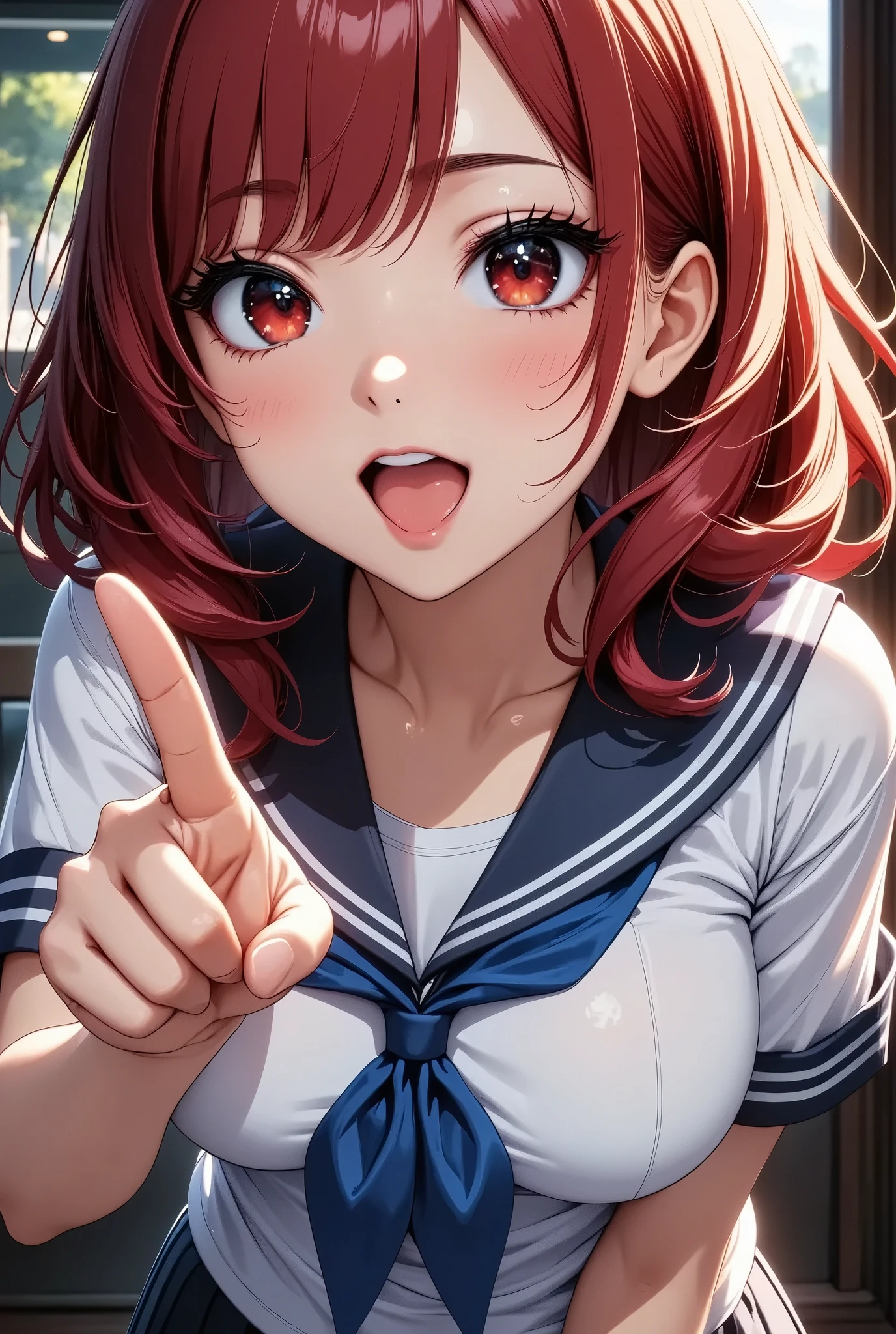 Schoolgirl,  sailor suit,  red hair,  bow-down bob,  Sexy Poses,  sailor suit,  blue scarf , ((Looking up,  open your mouth, Pointing at the audience,  mischievous smile :1.4)),  viewers,  Face Closeup , Night Park, Chiaroscuro,  physically-based rendering , dark colors, (8k,  RAW Photos, Best Quality, masterpiece:1.2),  highdefinition RAW color photo,  professional photography .