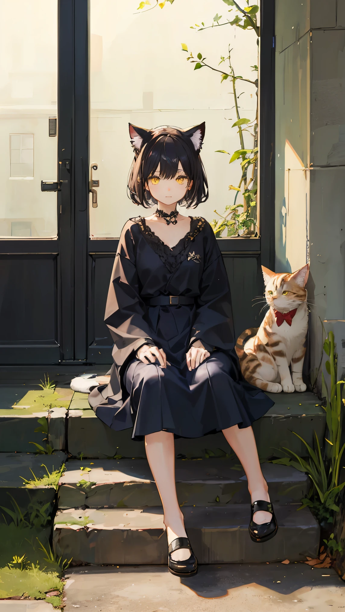 1 Cat Girl , A fuzzy calico cat 、Awareness-raising、 HIGH QUALITY IMAGE 、Cute little cat、anime、 yellow eyes、 illustration written with colored pencils,  sitting on stone steps