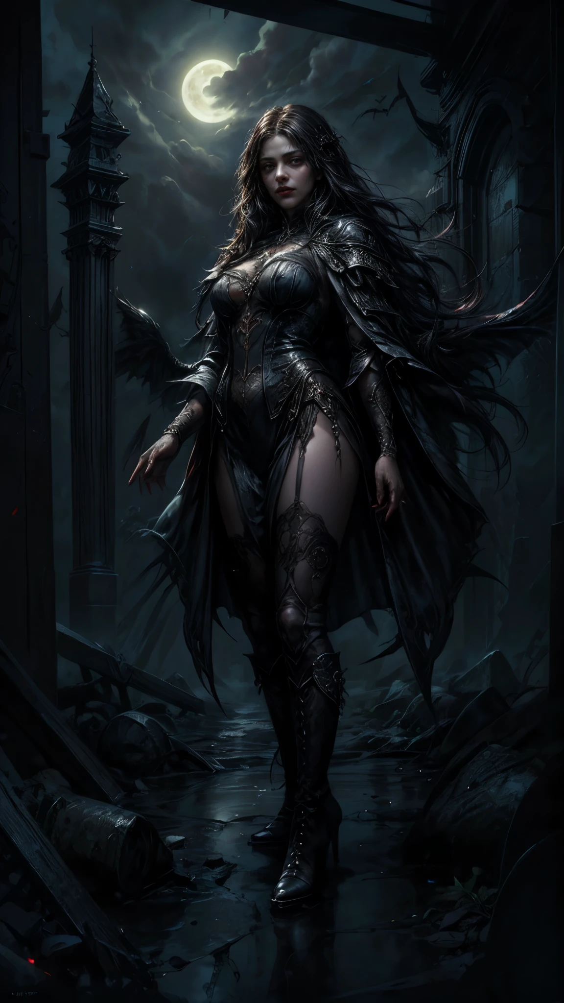 The image portrays a dark and mesmerizing scene, where a tall, seductive, and mature figure stands as the central focus. The illustration, created with the utmost care and attention to detail, captures the essence of a hauntingly beautiful vampire. Rendered in an astounding 8k resolution, every intricate detail comes to life, immersing the viewer in a world of dark enchantment.
BREAK
The figure's body exudes an alluring seductiveness, emphasized by the realistic and ultra-detailed rendering. The lighting and shadows, meticulously crafted, enhance the depth and realism of the image, bringing out the subtle nuances of the character's form. The high-resolution depiction captures the essence of a vampire's essence, with a touch of the supernatural and a hint of danger.
BREAK
The character's bat wings unfurl majestically, evoking a sense of mystery and power, while bats gracefully fly around, adding to the magical ambiance. In the night setting, dark magical auras envelop the figure, their ethereal glow highlighting the supernatural nature of the character.
The dark theme is further amplified by the presence of a blood moon and a red sky, creating an atmosphere of foreboding. The image is set against the backdrop of a gothic-style castle, adding an additional layer of darkness and mystery.
BREAK
To accentuate the vampire's allure, the image depicts shining red eyes, emanating a seductive and captivating gaze. A single blood drop adorns the character's body and eyes, symbolizing their connection to the essence of life. Blood splashes on the ground, further emphasizing the character's power and the danger they embody.
BREAK
The captivating face of the character is beautifully rendered, featuring the Tyndall effect and high-detailed skin, adding a touch of realism to the image. The messy hair contorted in an alluring manner, adds to the character's captivating presence