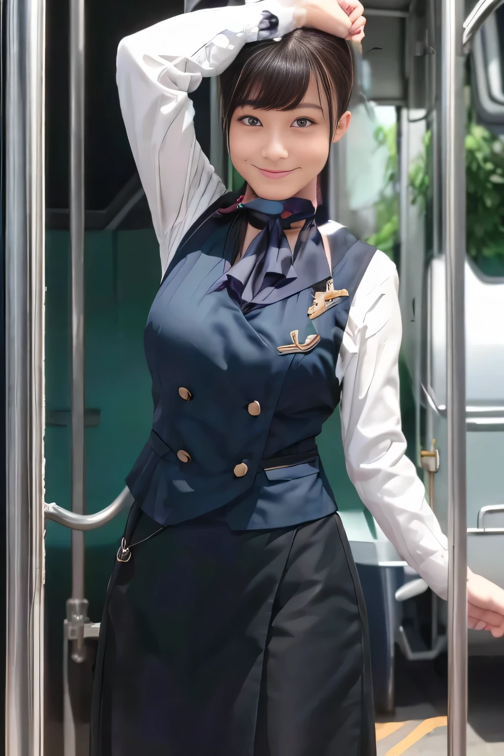 (masterpiece:1.2, Best Quality:1.2), 32kHDR,  kampala, (Alone、  1 girl)、（What is 、 Professional Lighting）、In-flight background、（Nankai Train crew uniformを着たリアルなスタイル）、（（  Nankai Train Crew Uniform Collarless Blouse Long Sleeve 、Black Curly Culotte Skirt 、Scarf around the neck））、 Dark brown hair 、（ Long Hair、Hair tied up、Hair tied up）、 Dark brown hair 、 Long Hit 、Big Breasts、Thin legs、（（Great hands：2.0）），（（  harmonious body proportions ：1.5）），（（Normal limbs：2.0）），（（Usually refers to：2.0）），（（ DELICATE EYES FULL OF DECISION：2.0）），（（Normal eyes：2.0））)、smile、（Nankai Train crew uniformを着た美しい姿）、Hands clasped underneath
