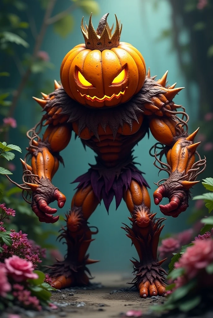 A plant creature with a jack-o-lantern head and green plant stems and leaves for its body and limbs. The humanoid figure is made of green plant stems and leaves and has a muscular body with huge built swole muscular arms made of green plant muscle, its head is an orange pumpkin with carved black eyes and mouth. fantasy, horror, scary, Halloween, 3D art, (pumpkin head:1.5), (vines:1.3), stems, leaves, wiry, slender, bodybuilder pose, raised arms