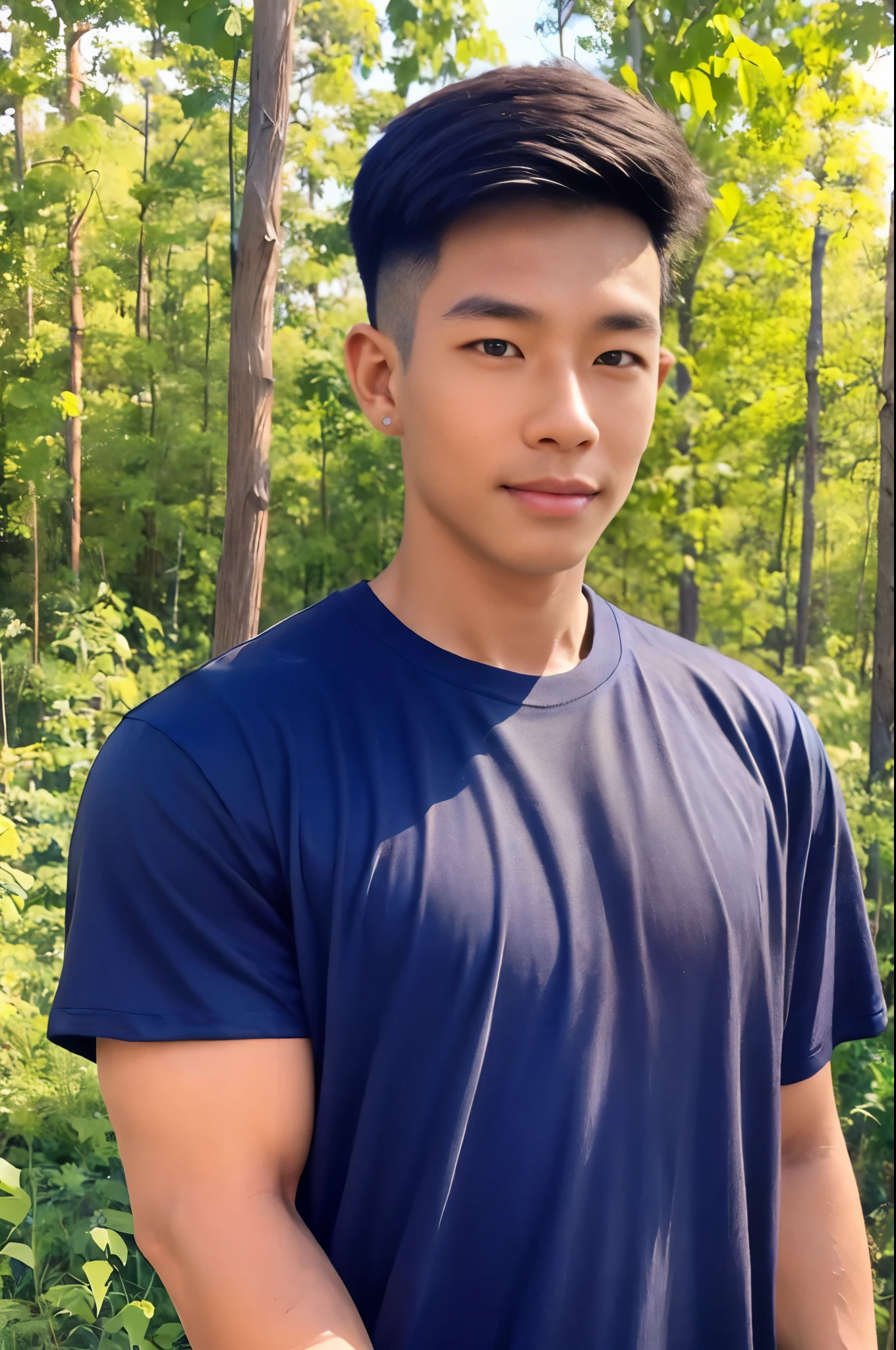 （（（，Chinese man）））Arm surface  ,  Handsome young man standing, (Bearded:1) ,(buzz clip:1.1), (short hair:1.2),  Forearm muscle development ., ( Tight T-Shirt :1.5),( navy blue shirt :1.5),jeans, Big Muscle,  Handsome and muscular development , Full body angle, (fitness:1.1), Natural Light .  tall handsome handsome ， killer cool ， smiling brilliant ，（（（About 26 years old ）））￼￼