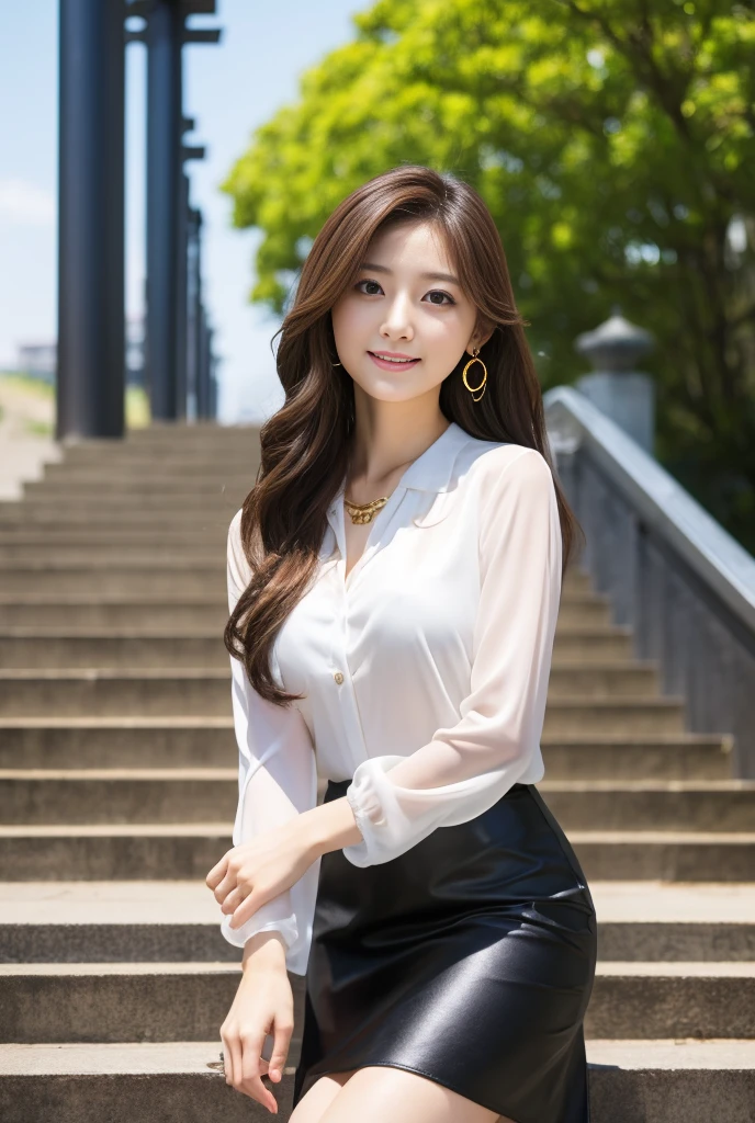 A very beautiful Japanese woman, 25 years old, dressed neatly, coming down the circular stairs（White silk blouse, two buttons undone, brown hair, long hair, wavy hair, earrings, gold necklace, large, soft breasts, pale blue tight skirt, black heels）Business district, wind blowing, reality, portrait, 4k, 8k, smiling, seductive gaze, wide eyes, beautiful woman, intelligent face, full body image in the frame 