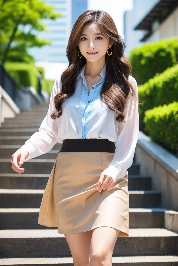 A very beautiful Japanese woman, 25 years old, dressed neatly, coming down the circular stairs（White silk blouse, two buttons undone, brown hair, long hair, wavy hair, earrings, gold necklace, large, soft breasts, pale blue tight skirt, black heels）Business district, wind blowing, reality, portrait, 4k, 8k, smiling, seductive gaze, wide eyes, beautiful woman, intelligent face, full body image in the frame 