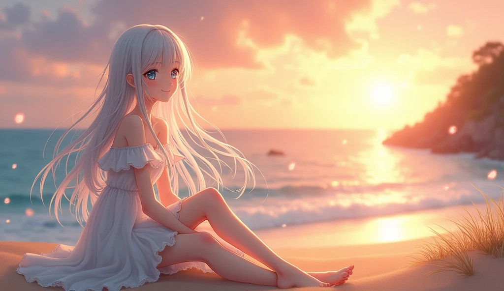 Sunrise miniskirt by the sea, white cat-eared girl