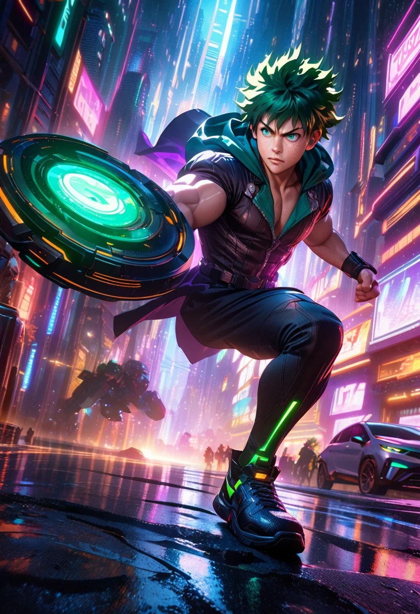 Izuku Midoriya, dark ARK Deku, 1 boy, green hair, freckles, green eyes, determined expression, hooded hero costume, futuristic full body, detailed facial features, muscular body, dynamic pose, action scene, cinematic lighting, vibrant colors , digital art, 8k, photorealistic, highly detailed and unrealistic engine, studio lighting, futiristic neon city, futuristic cyberpunk scenery