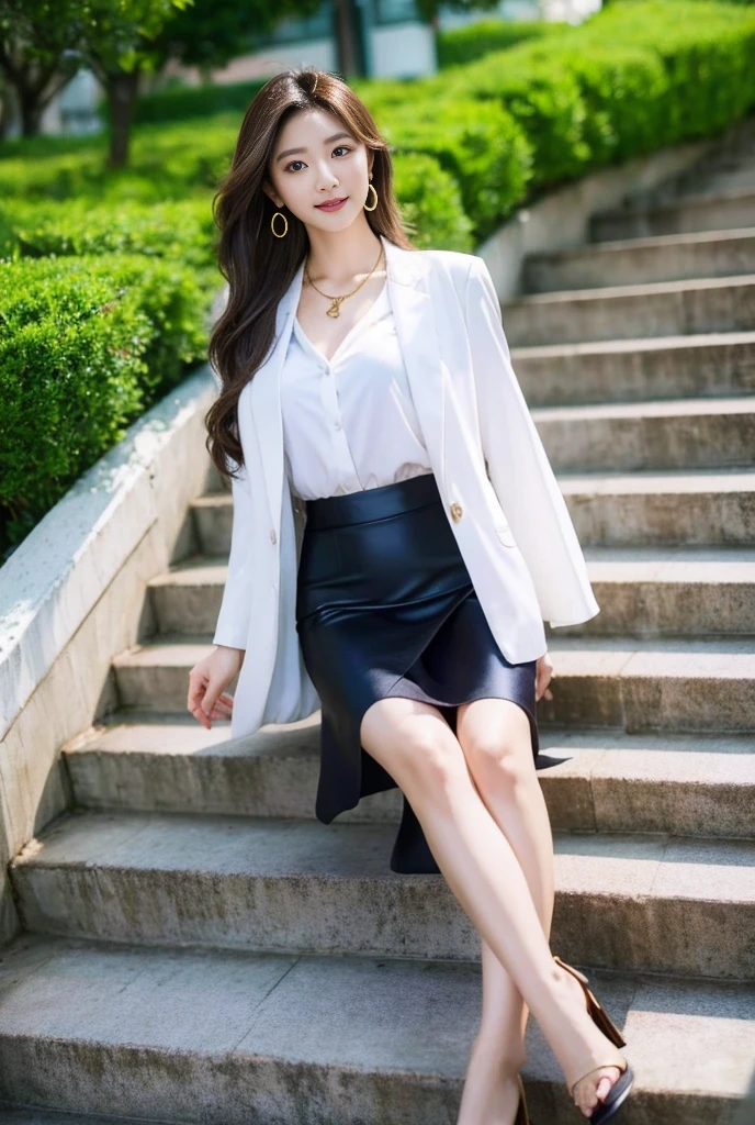 A very beautiful Japanese woman, 25 years old, dressed neatly, coming down the circular stairs（White silk blouse, two buttons undone, brown hair, long hair, wavy hair, earrings, gold necklace, large, soft breasts, pale blue tight skirt, black heels）Business district, wind blowing, reality, portrait, 4k, 8k, smiling, seductive gaze, wide eyes, beautiful woman, intelligent face, full body image in the frame 