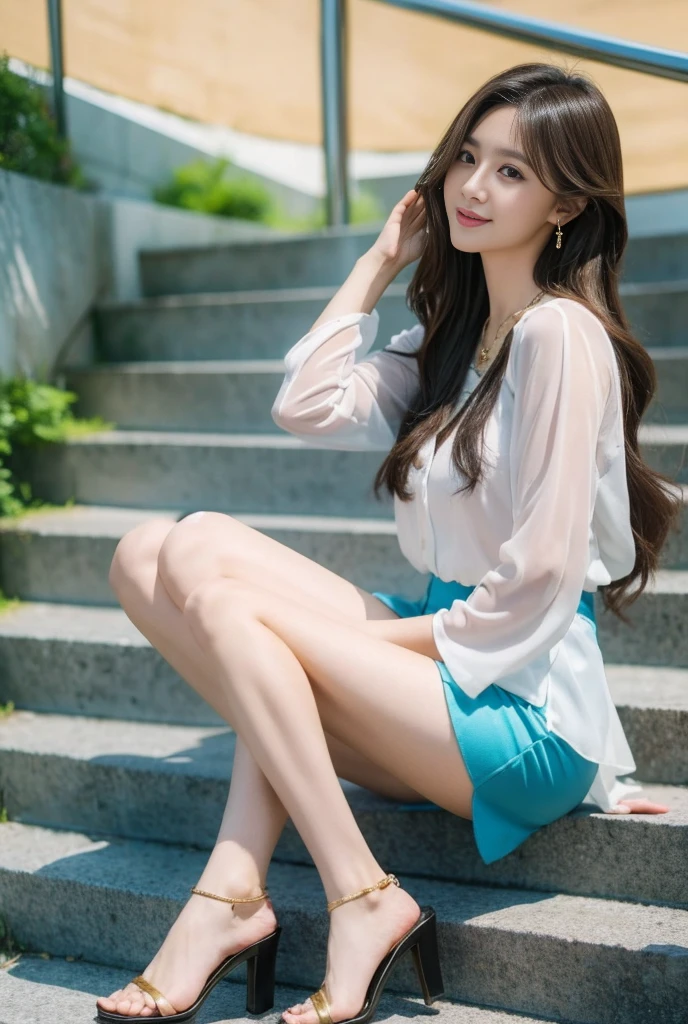 A very beautiful Japanese woman, 25 years old, dressed neatly, coming down the circular stairs（White silk blouse, two buttons undone, brown hair, long hair, wavy hair, earrings, gold necklace, large, soft breasts, pale blue tight skirt, black heels）Business district, wind blowing, reality, portrait, 4k, 8k, smiling, seductive gaze, wide eyes, beautiful woman, intelligent face, full body image in the frame 