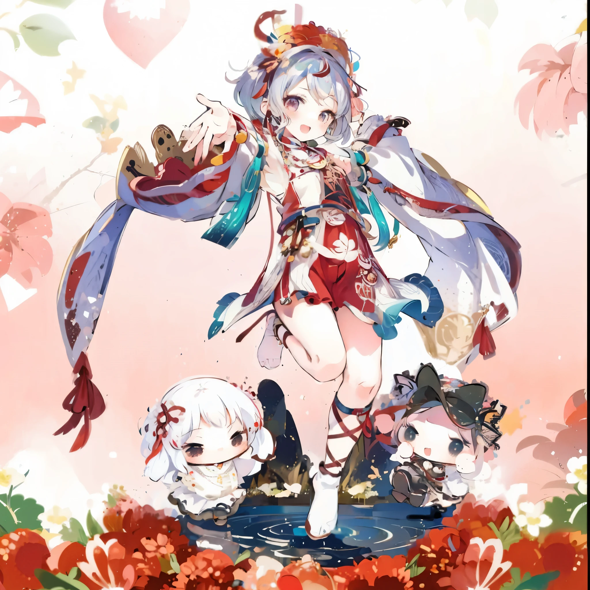 （master piece，best quality：1.2），enlightenment，absurd，High resolution，very detailed，1 petite girl，with short gray hair,，rabbit ears，red eyes，eye highlights，Hanfu，shift dress，Fluffy short sleeves，frills，exterior，flower，舞い散るflowerびら，Upper body，（moon：1.2），night，Depth of bounds written，（:d：0.8），