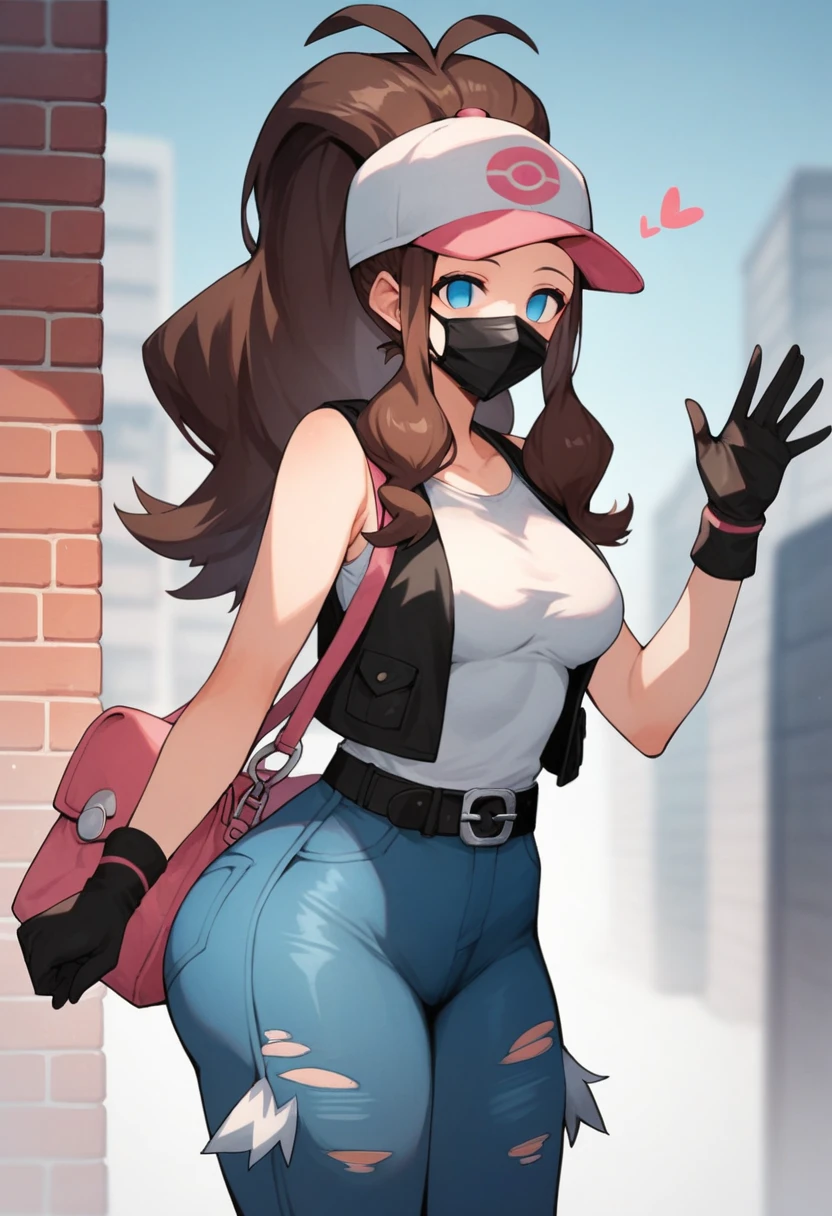 score_9, score_8_up, score_7_up, score_6_up, source_anime, 1girl, solo, ((pmpgrunt)),pokemonhilda, blue eyes, brown hair, long hair, ponytail, black beret, black mouth mask, black vest, grey bodysuit, black belt, black gloves, medium breasts, looking at viewer, (waving hand), ((empty eyes)), mind control, happy trance, heart, hearts,huge ass, legs,cowboy shot,brick wall