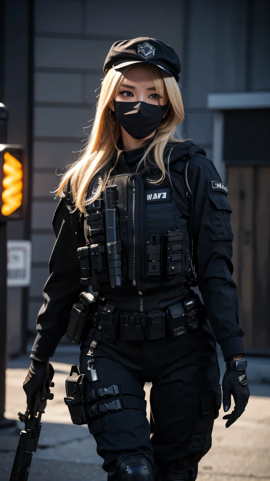 blonde hair, beautiful woman, pro lighting, photorealistic, Realistic face details, complicated details, 8k, ultra high details, dynamic camera angle, hips up, sunglasses, swat gear, pistol, rifle, walking, face mask, black cap, 