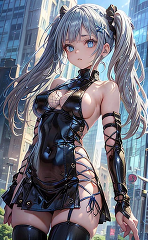 Highest quality、、(Bunny girl)、Plain black stockings、High heels、Black enamel bunny suit、Show Viewer、Angle from behind、W sitting、smile、Futuristic Living Room、indirect lighting、Room with houseplants、From the window you can see the valley between the city's buildings、Night view、Silver short hair、Beautiful Eyes、Beautiful Face、Delicate eyes