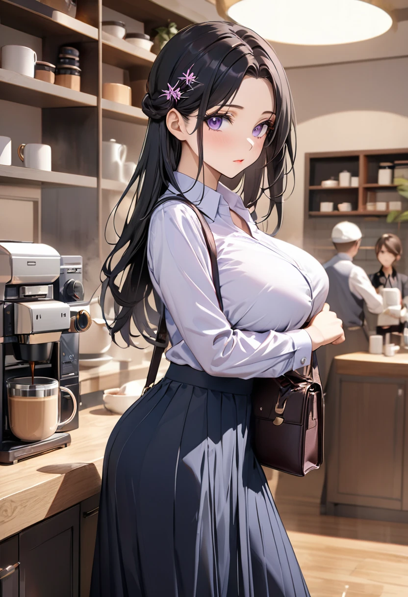 ((masterpiece,Best Quality,8k, super high definition)), 1 housewife 、　First Person Subjective、　(((Cool look))) 、 sharp eyesight 　 、      long lashes　　 、　  Black Hair 　　、Long Hair　　、　((parted bangs:1.3))　　、(spiderlily hairpin)　、　Light purple eyes　、　 slim body 　,   Big Breasts　 、( collared shirt　) 、　( long skirt) 、　 shoulder bag　 、　Natural standing posture、fidgeting 、　Coffee shop