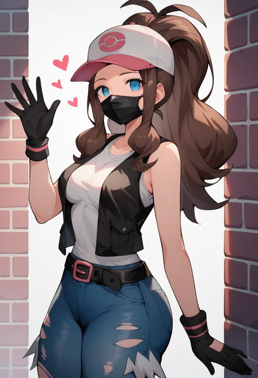 score_9, score_8_up, score_7_up, score_6_up, source_anime, 1girl, solo, ((pmpgrunt)),pokemonhilda, blue eyes, brown hair, long hair, ponytail, black beret, black mouth mask, black vest, grey bodysuit, black belt, black gloves, medium breasts, looking at viewer, (waving hand), ((empty eyes)), mind control, happy trance, heart, hearts,huge ass, legs,cowboy shot,brick wall