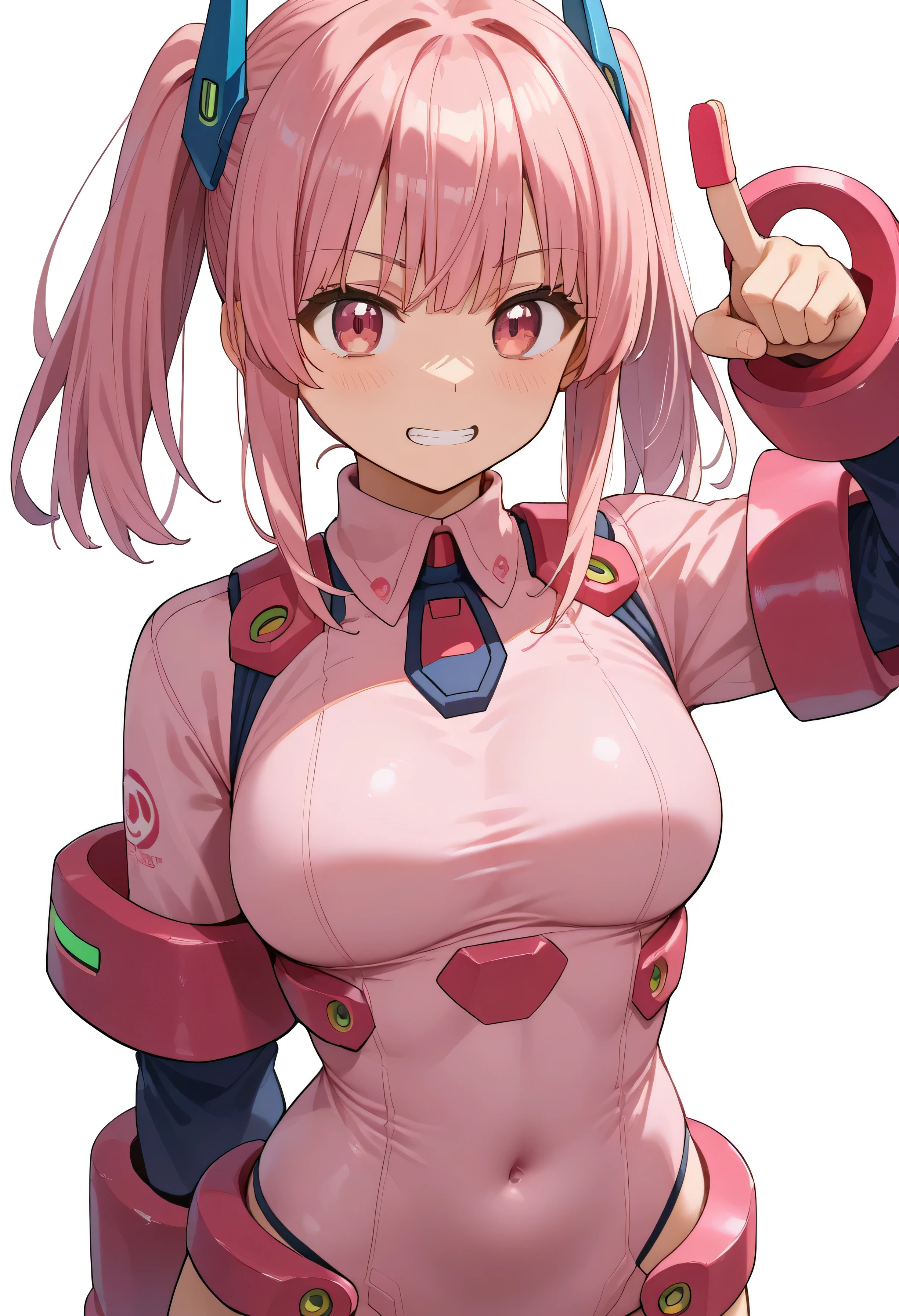 Best Quality, super A high resolution , 1 girl ,solo,whole body,White background、 pink eyes、ぱっつんbangs、 pink futuristic uniform、Pink Hair、front、 shortcuts、bangs、Thighs、 upper body、 standing、cute、 single idiot hair on top of head 、Decide pose by standing your index finger in front of you