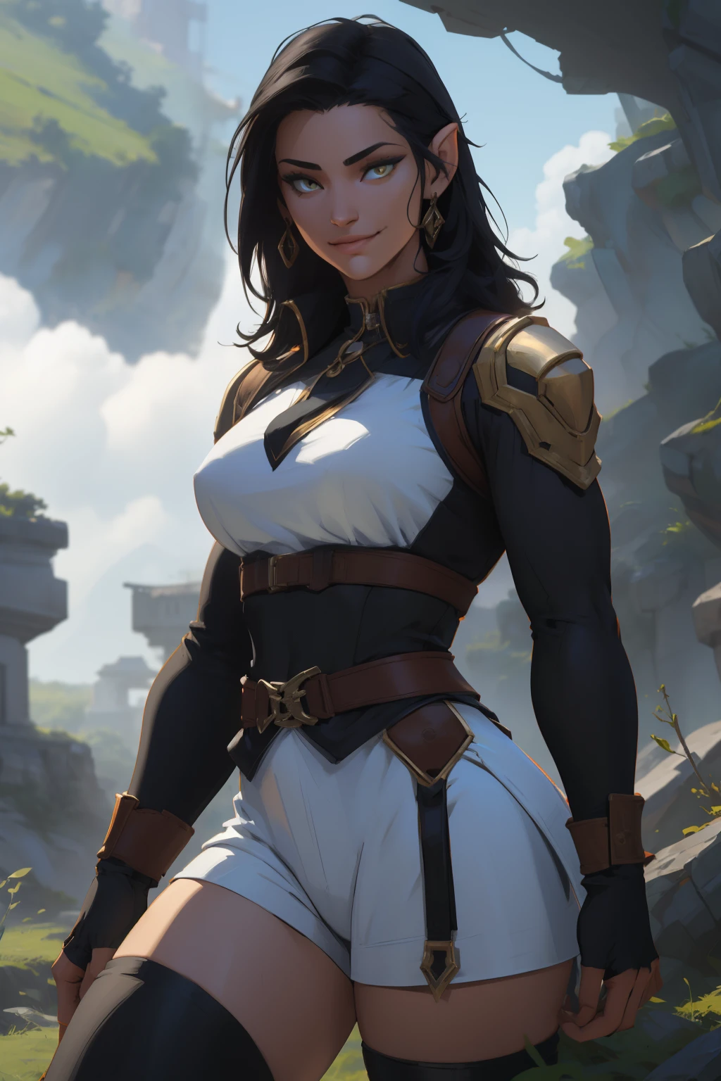 Amber da genshin impact,(best qualityer,4K,8k,high resolution,work of art:1.2)(weather: cloudy), farmlands background, windmills, wide hips, thick thighs, long curly hair, brown hair, long sleeve raincoat, micro shorts, thigh high boots, light makeup, necktie, hair ribbon, elbow gloves, harness, salute pose, ultra detailed,portrait,realistic,beautiful detailed yellow eyes, beautiful detailed lips,extremely detailed eye and face, long eyelashes,average, medium breasts,flying hair,beaming smile, sexy smile,powerful girl in combat, bright coloured, dramatic lighting,