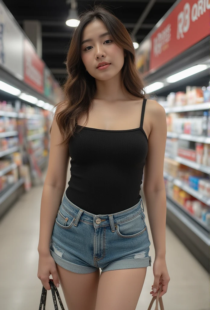 ((Best quality)),((8K)), portrait,A photo of an Thai woman wearing  black camisole  and shorts denim, with Women's fashion handbags, standing ,in supermarket 