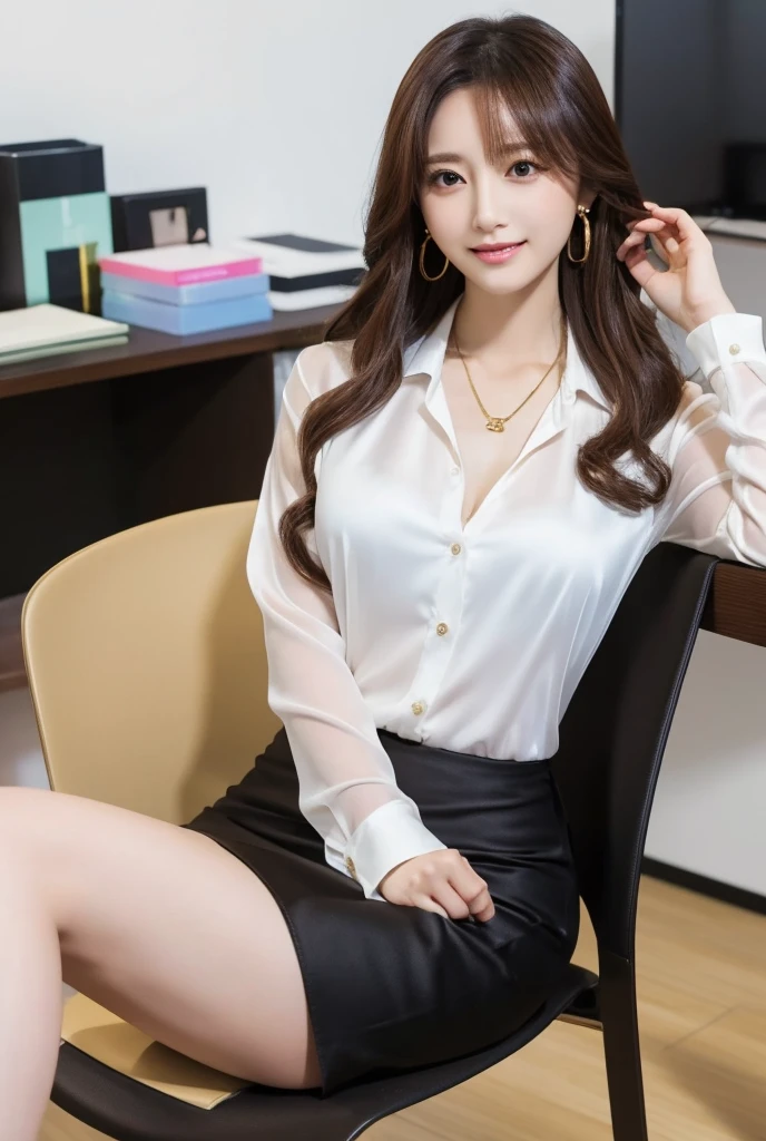 Very beautiful Japanese woman sitting on a chair in the office and making a phone call, Age 25,  business suit , Beautiful clothes（   white silk blouse with 2 buttons off , Brown Hair, long wave earrings ,  Gold Necklace ,  large soft chest  ,  black tight skirt black stockings black high heels）  office reality portrait 4k 8k , smile, beautiful, Full body images, Full body images, beautiful legs, beautiful Full body images, beautiful leg line beauty  白石麻衣、You can see all the way to your toes 