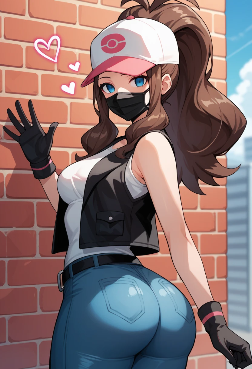 score_9, score_8_up, score_7_up, score_6_up, source_anime, 1girl, solo, ((pmpgrunt)),pokemonhilda, blue eyes, brown hair, long hair, ponytail, black beret, black mouth mask, black vest, grey bodysuit, black belt, black gloves, medium breasts, looking at viewer, (waving hand), ((empty eyes)), mind control, happy trance, heart, hearts,huge ass, legs,cowboy shot,brick wall